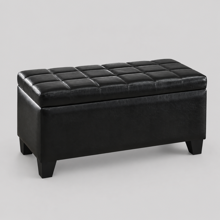 Wesley Leather Upholstered Storage Ottoman Bench - Black | Timeless, Stylish, Durable & Storage Solution