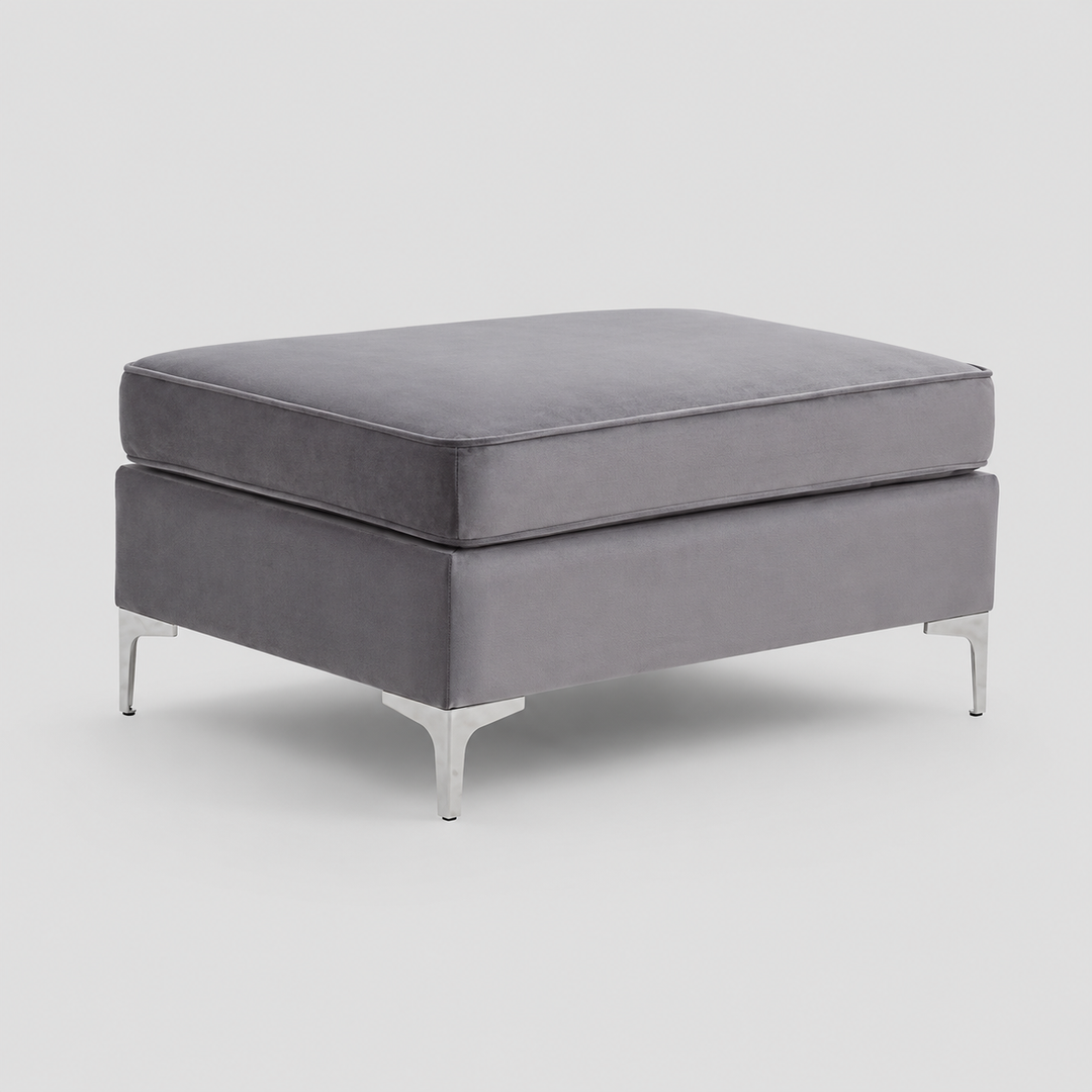Alvexa Modern Grey Velvet Ottoman with Sleek Chrome Legs, Rectangular Design & Premium Upholstered Seating for Living Room, Bedroom & Lounge Spaces