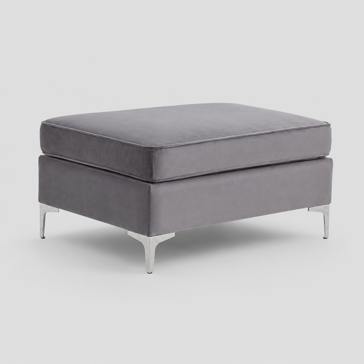 Alvexa Modern Grey Velvet Ottoman with Sleek Chrome Legs, Rectangular Design & Premium Upholstered Seating for Living Room, Bedroom & Lounge Spaces