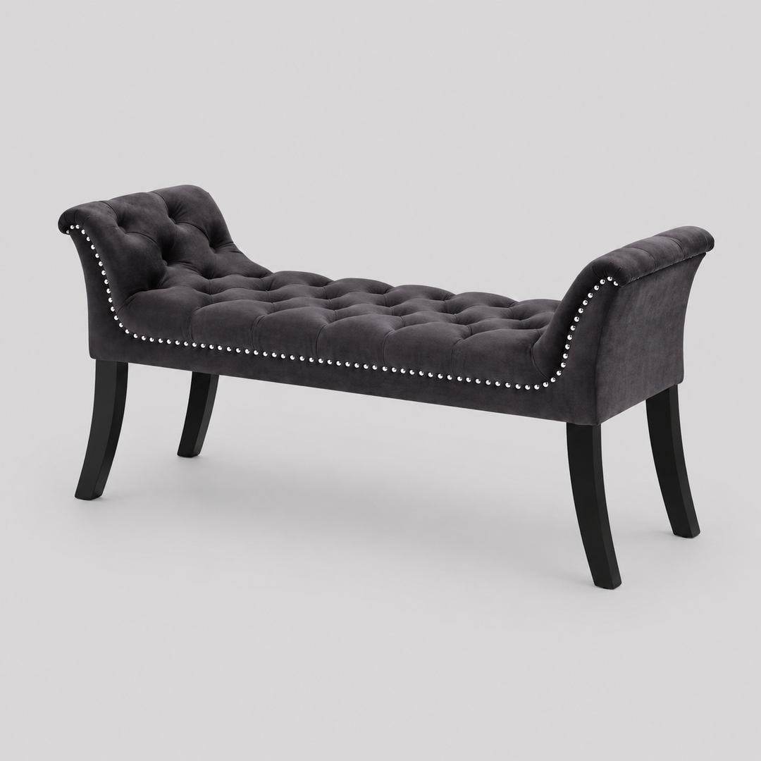 Trivello Velvet Bench – Grey Deep Tufted Bench with Nail Head Detail
