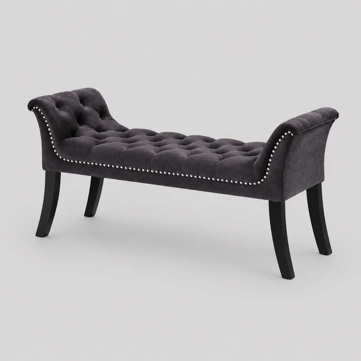 Trivello Velvet Bench – Grey Deep Tufted Bench with Nail Head Detail