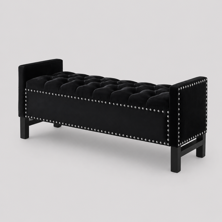 Dravien Velvet Storage Bench – Elegant Black Lift Top Storage Bench for Bedroom, Living Room and Entryway