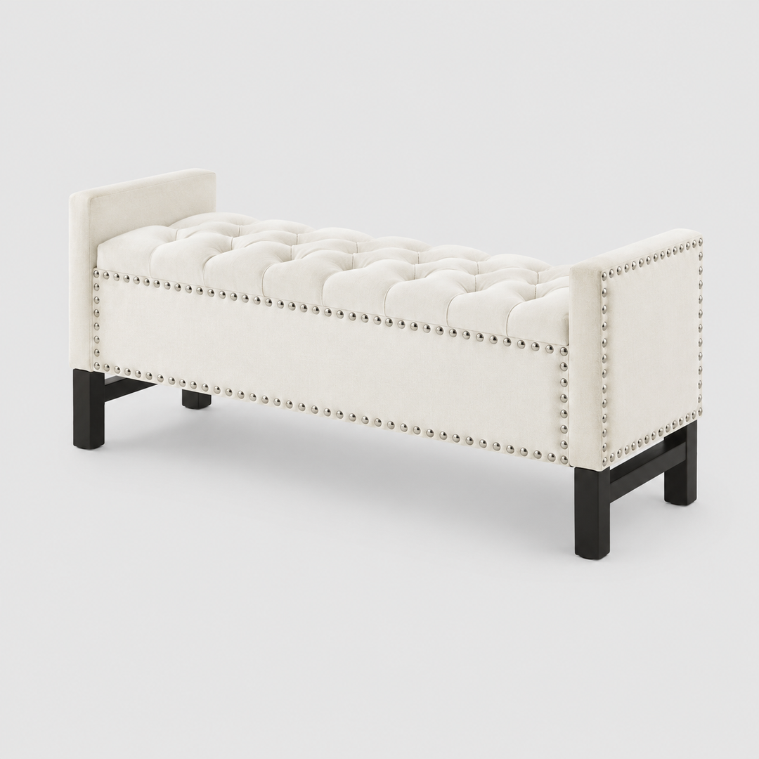 Dravien Velvet Storage Bench – Elegant Cream Lift Top Storage Bench for Bedroom, Living Room and Entryway
