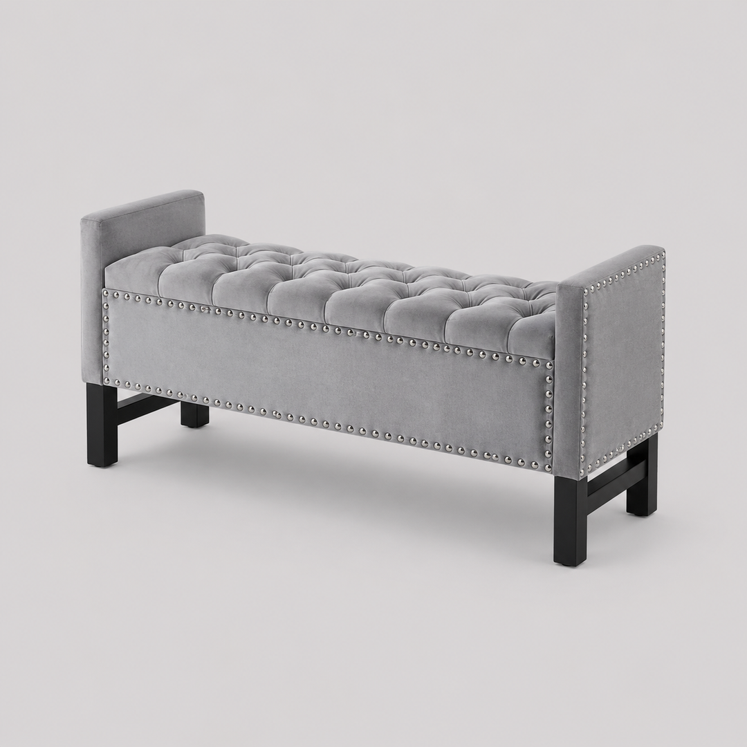 Dravien Velvet Storage Bench – Elegant Grey Upholstered Lift Top Storage Bench for Bedroom, Living Room and Entryway