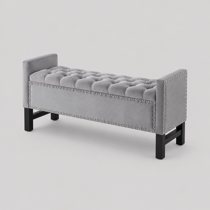 Dravien Velvet Storage Bench – Elegant Grey Upholstered Lift Top Storage Bench for Bedroom, Living Room and Entryway