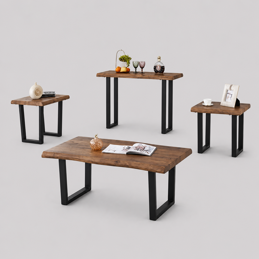 Nexvirox 3 Piece Coffee Table Set – Modern Faux Live Edge Wood Tables with Black Metal U-Shape Legs