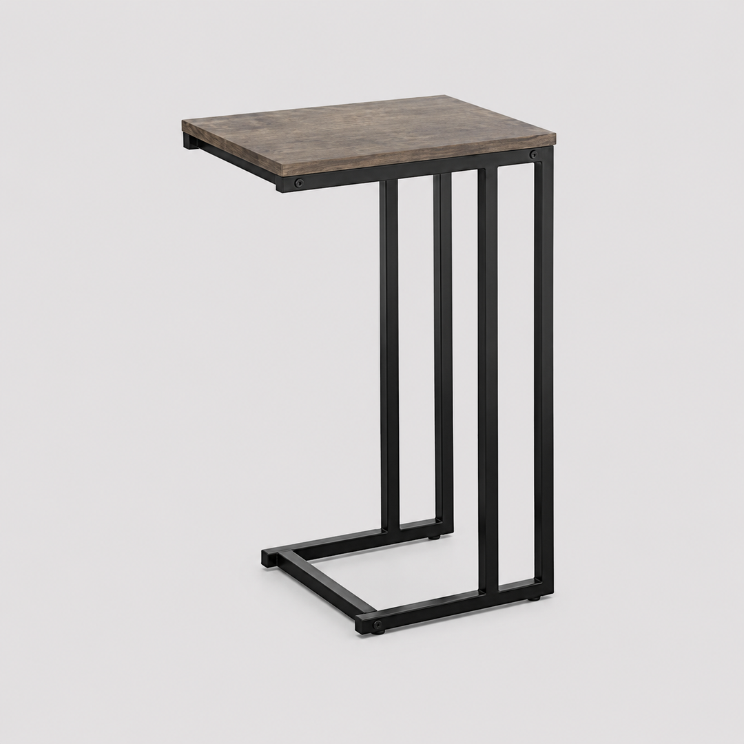 Myvello C Shape Side Table – Compact Sofa Side Table with Reclaimed Wood Look Top and Steel Frame