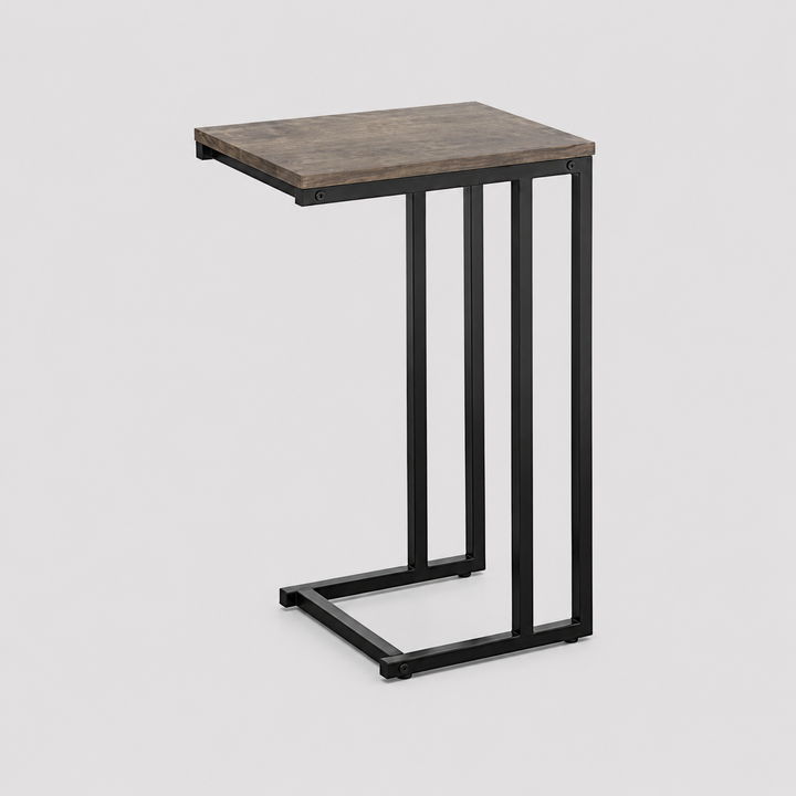 Myvello C Shape Side Table – Compact Sofa Side Table with Reclaimed Wood Look Top and Steel Frame
