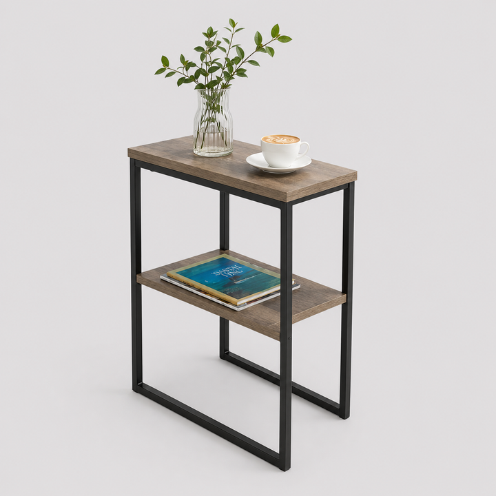Lurvian C Shape Side Table – Compact Sofa Side Table with Reclaimed Wood Look Top and Steel Frame