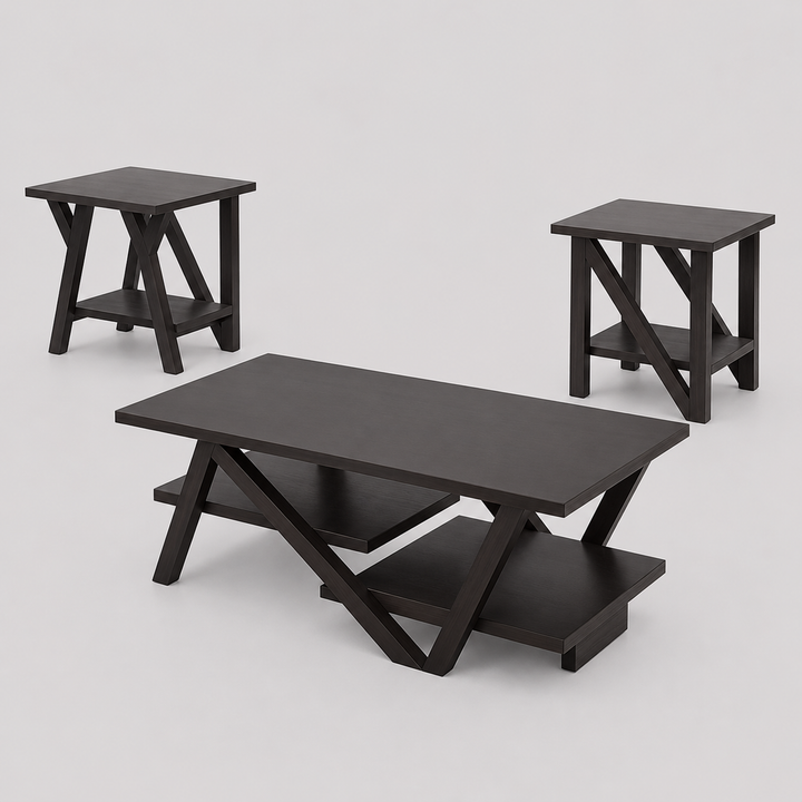 Kovira 3 Piece Coffee Table Set – Modern Espresso Finish Coffee Table with Matching End Tables