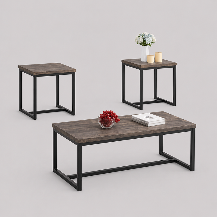 Altrevo 3 Piece Coffee Table Set – Modern Wooden Top Coffee Table with Black Base and Matching End Tables