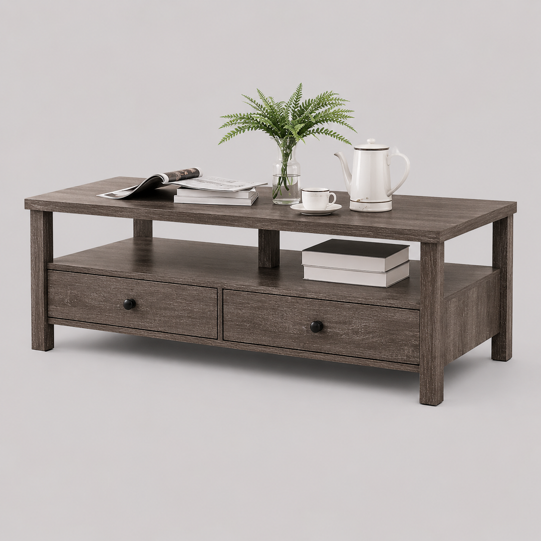 Zenvexis Coffee Table – Modern Distressed Grey Coffee Table with 2 Storage Drawers and Open Shelf Design