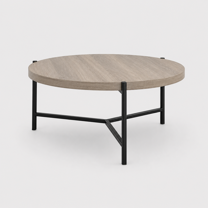 Novarix Modern Round Coffee Table – Contemporary Warm Grey Wood-Look Top with Black Metal Open Frame Base