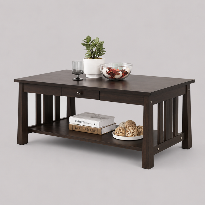 Solvexo Coffee Table – Modern Espresso Finish Coffee Table with Pull-Out Storage Drawer and Open Shelf Design