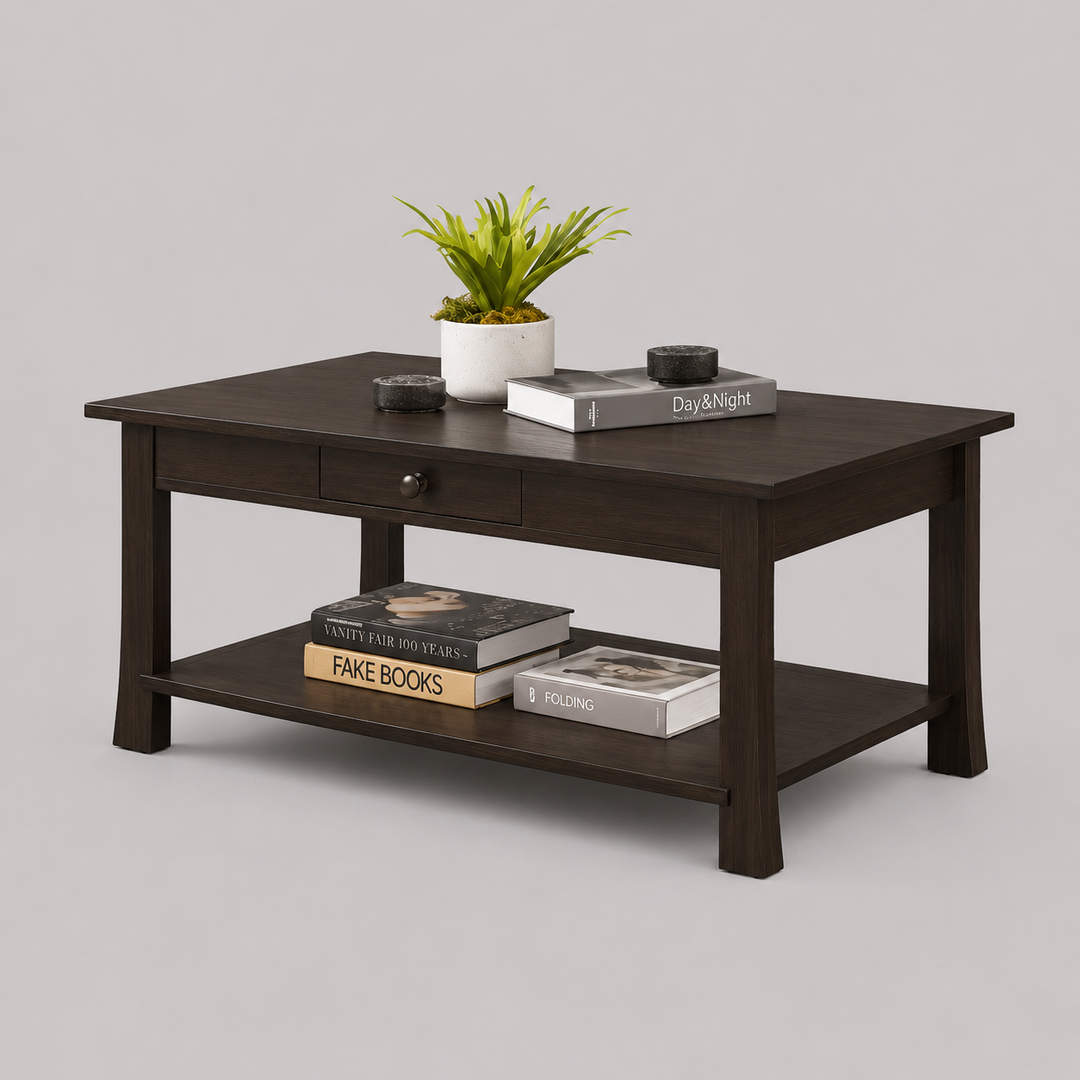 Solvexo Coffee Table – Modern Espresso Wood Coffee Table with Pull-Out Storage Drawer and Open Storage Shelf