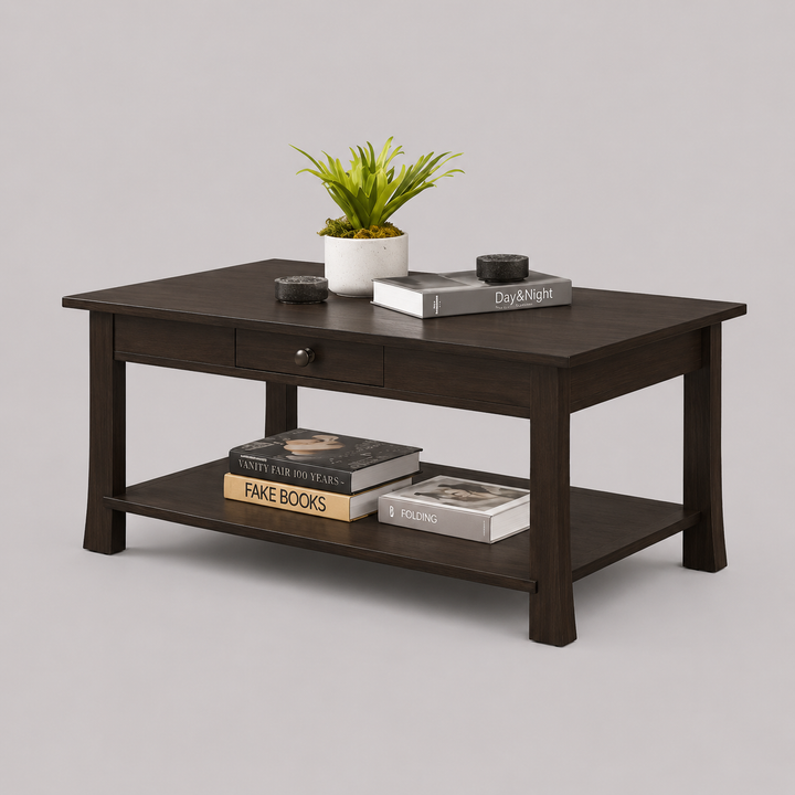 Solvexo Coffee Table – Modern Espresso Wood Coffee Table with Pull-Out Storage Drawer and Open Storage Shelf