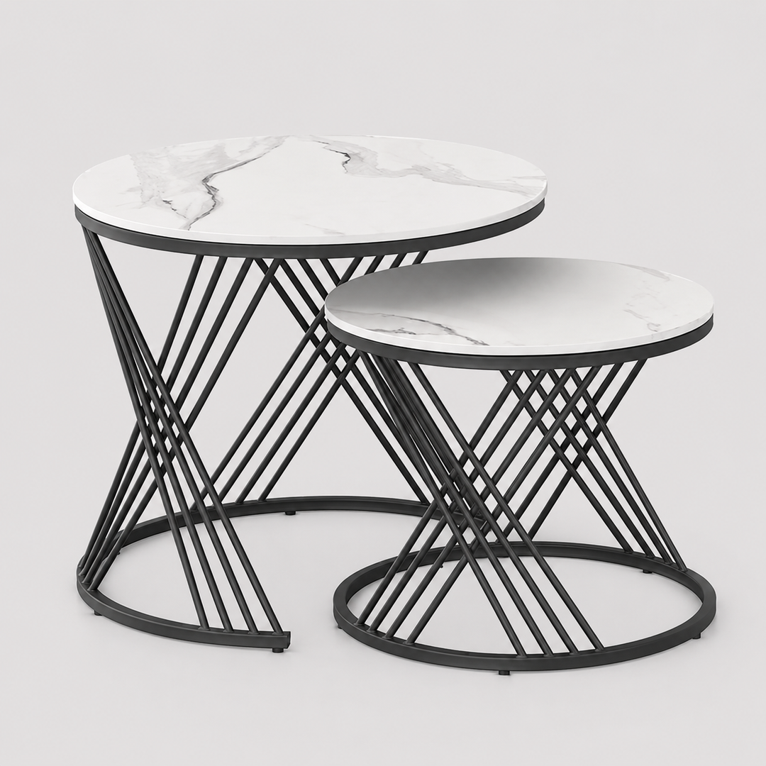 Calvexa Set of 2 Coffee Tables – Modern Sintered Stone White Marble Top Coffee Tables with Black Steel Base