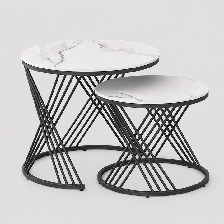 Calvexa Set of 2 Coffee Tables – Modern Sintered Stone White Marble Top Coffee Tables with Black Steel Base