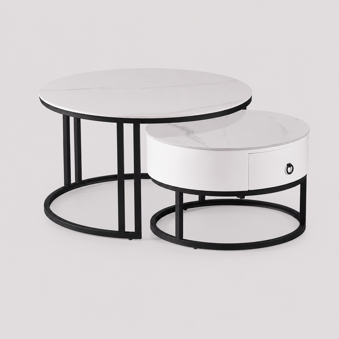 Mirvexo Set of 2 Coffee Tables – Modern Calacatta White Stone Top Coffee Tables with Black Steel Base and Storage Drawer