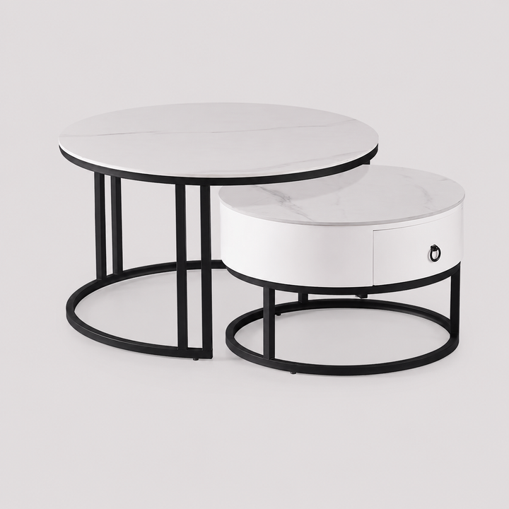 Mirvexo Set of 2 Coffee Tables – Modern Calacatta White Stone Top Coffee Tables with Black Steel Base and Storage Drawer