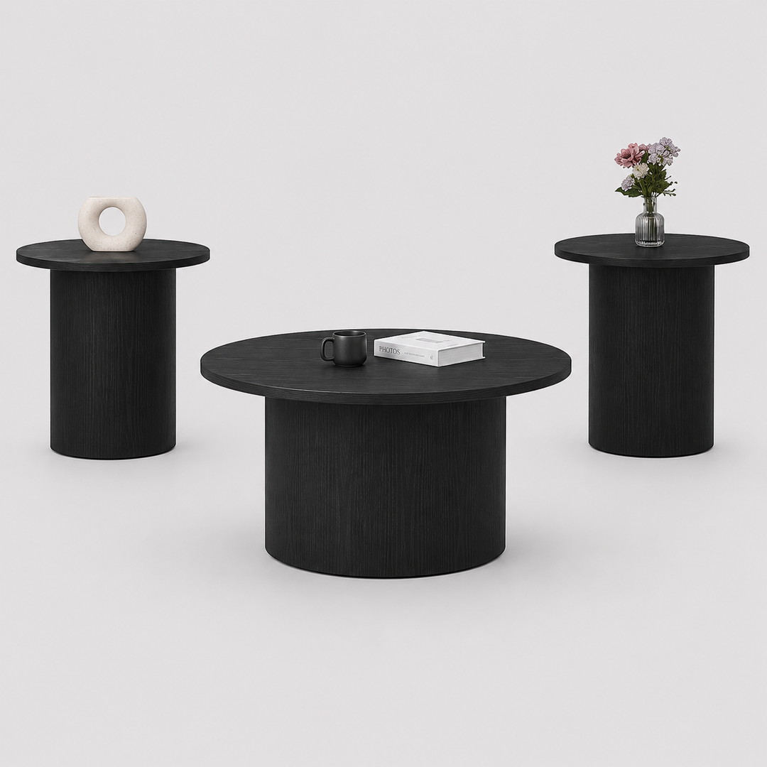 Vantrex 3 Piece Coffee Table Set – Contemporary Round Coffee Table with Fluted Pedestal Base and Black Wood Finish