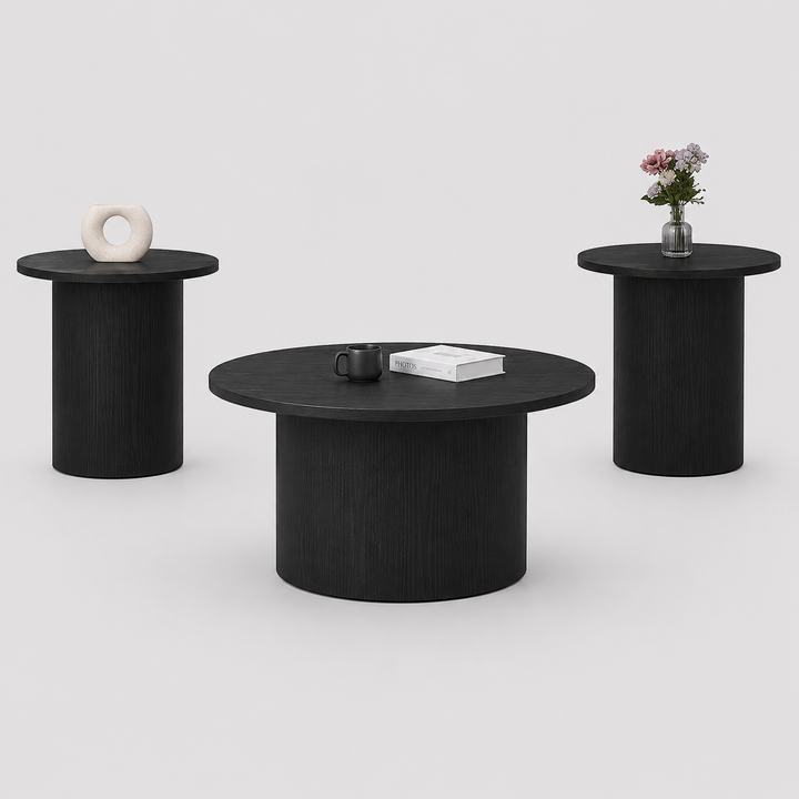 Vantrex 3 Piece Coffee Table Set – Contemporary Round Coffee Table with Fluted Pedestal Base and Black Wood Finish