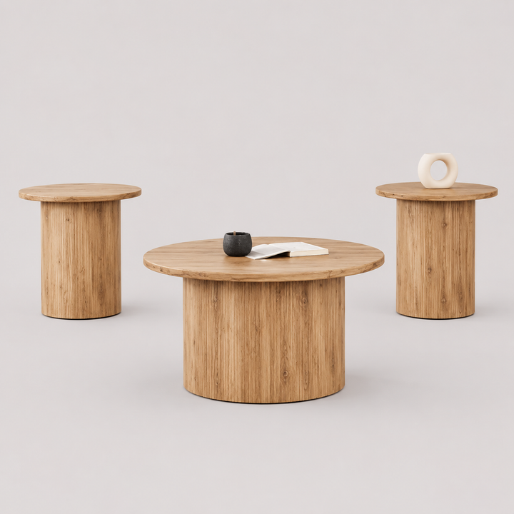 Vantrex 3 Piece Coffee Table Set – Contemporary Round Coffee Table with Fluted Pedestal Base and Light Natural Wood Finish