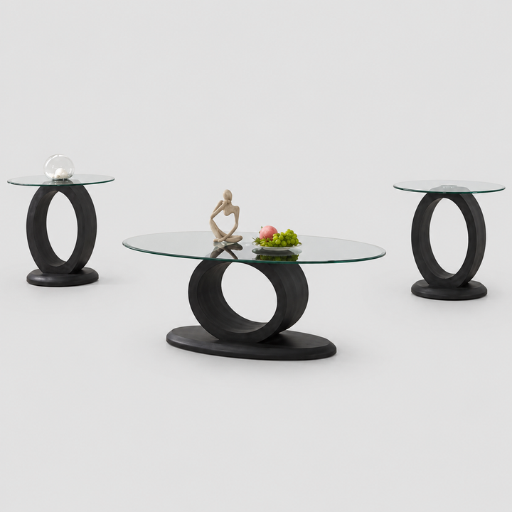 Zeravon 3 Piece Coffee Table Set – Modern Sculptural Coffee Table with Clear Tempered Glass Top and Charcoal Grey Wood Finish O-Shaped Bases