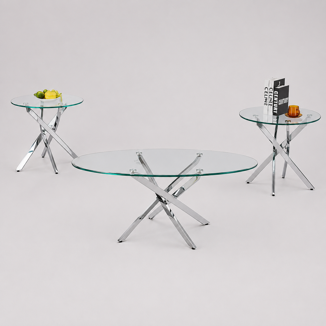 Kelvirox 3 Piece Coffee Table Set – Modern Contemporary Clear Tempered Glass Coffee Table with Chrome Base and Elegant Minimalist Design for Living Room Interiors