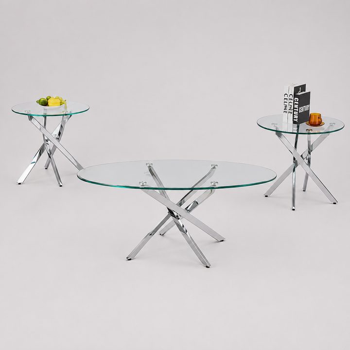 Kelvirox 3 Piece Coffee Table Set – Modern Contemporary Clear Tempered Glass Coffee Table with Chrome Base and Elegant Minimalist Design for Living Room Interiors