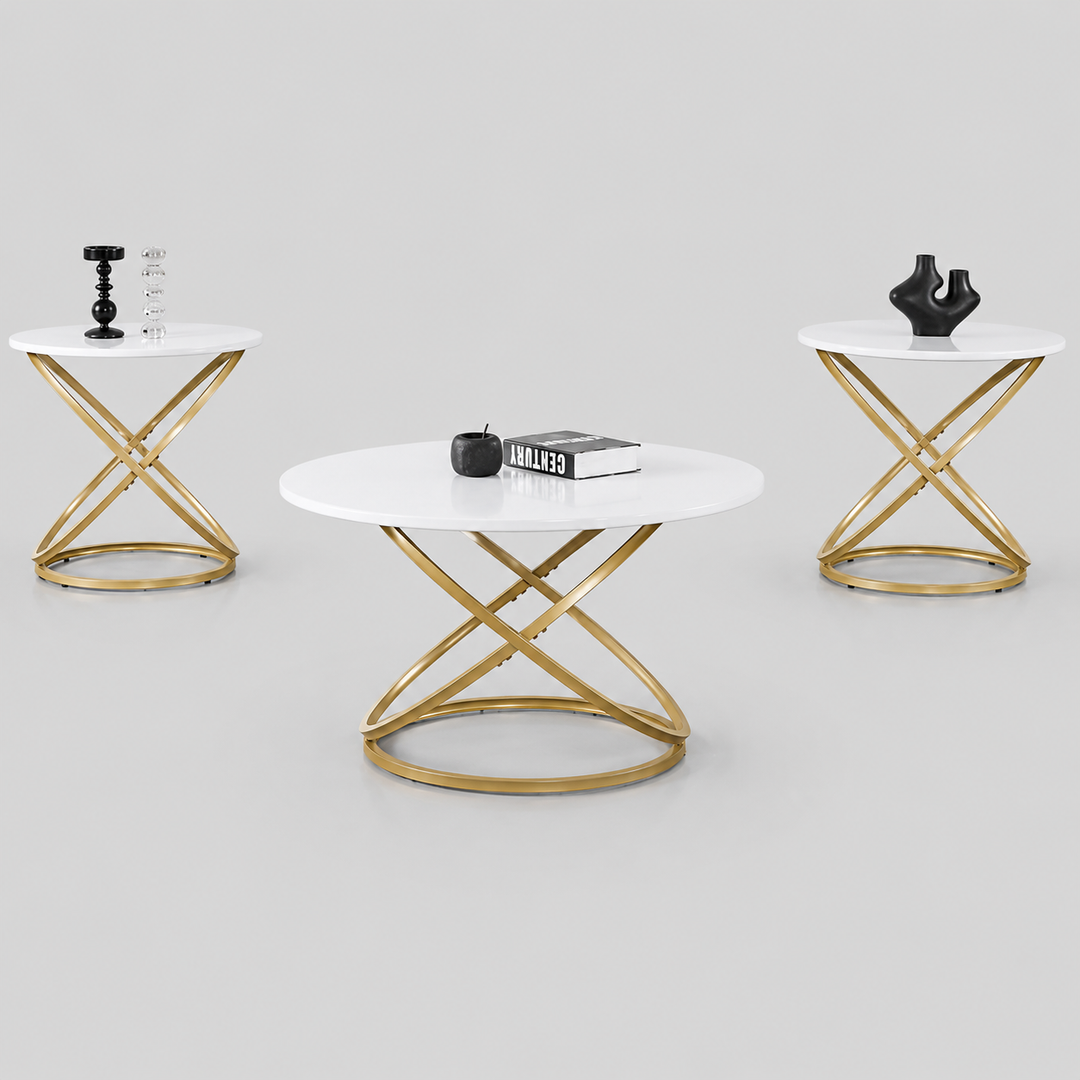 Movira 3 Piece Coffee Table Set – Modern Luxury White Finish Coffee Table with Elegant Gold Base, Contemporary Living Room Center Table with Matching Round End Table Set