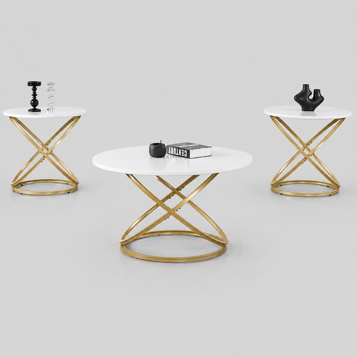 Movira 3 Piece Coffee Table Set – Modern Luxury White Finish Coffee Table with Elegant Gold Base, Contemporary Living Room Center Table with Matching Round End Table Set