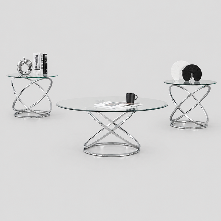 Zenquro 3 Piece Coffee Table Set – Modern Clear Tempered Glass Coffee Table with Chrome Base