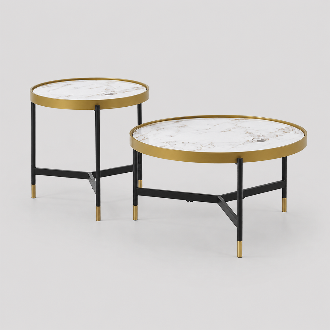 Alvireo Set of 2 Coffee Tables – Modern Sintered Stone Pandora Marble Top with Black And Gold Steel Base