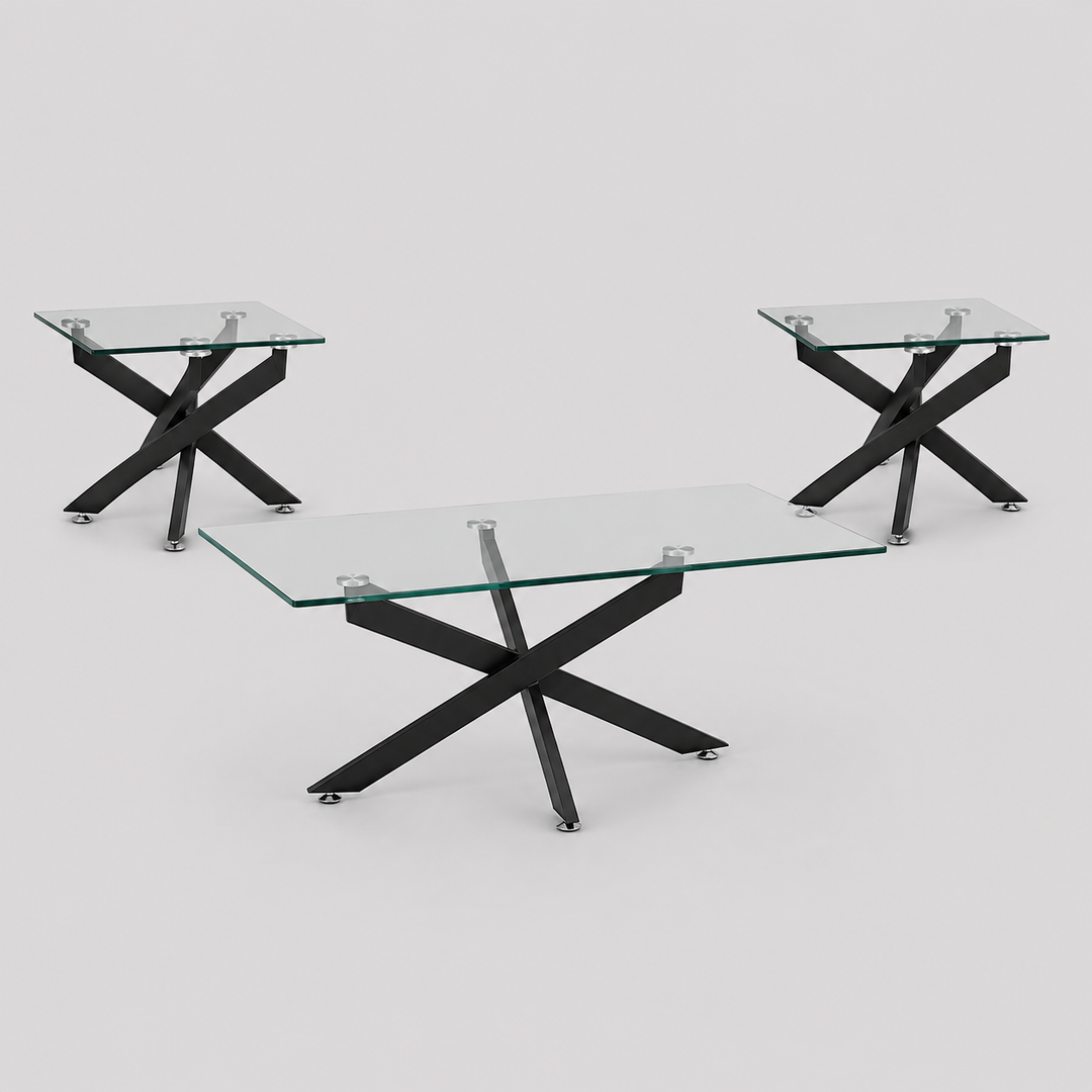 Yorvique 3 Piece Coffee Table Set – Modern Clear Glass Coffee Table with Black Metal Legs