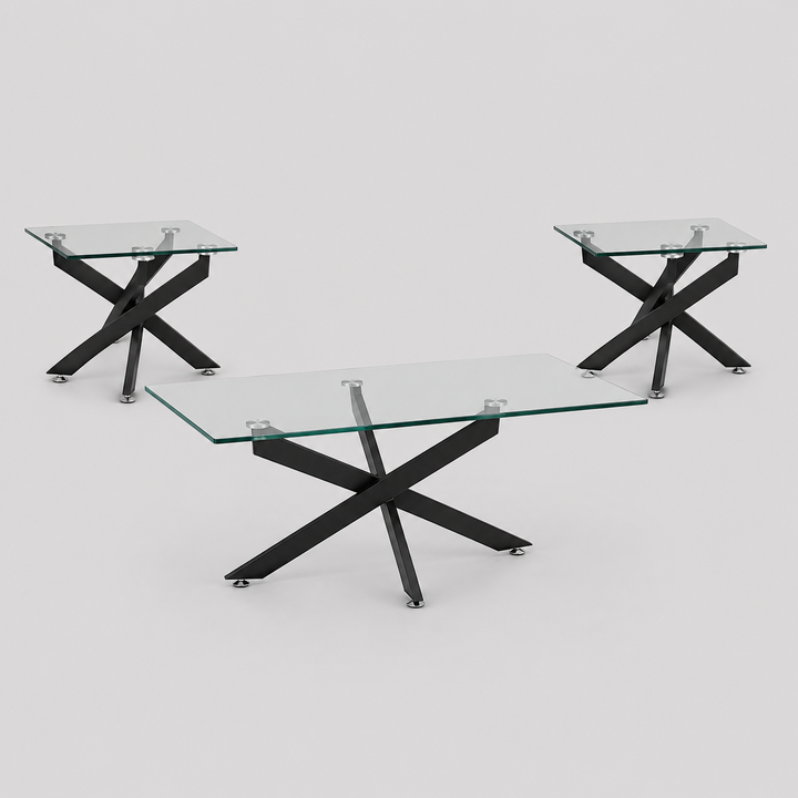 Yorvique 3 Piece Coffee Table Set – Modern Clear Glass Coffee Table with Black Metal Legs