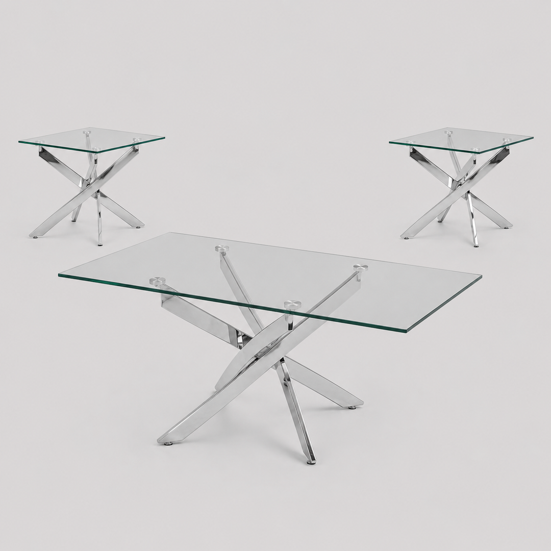 Yorvique 3 Piece Coffee Table Set – Modern Contemporary Glass Coffee Table with Stainless Steel Legs and Elegant Minimalist Design