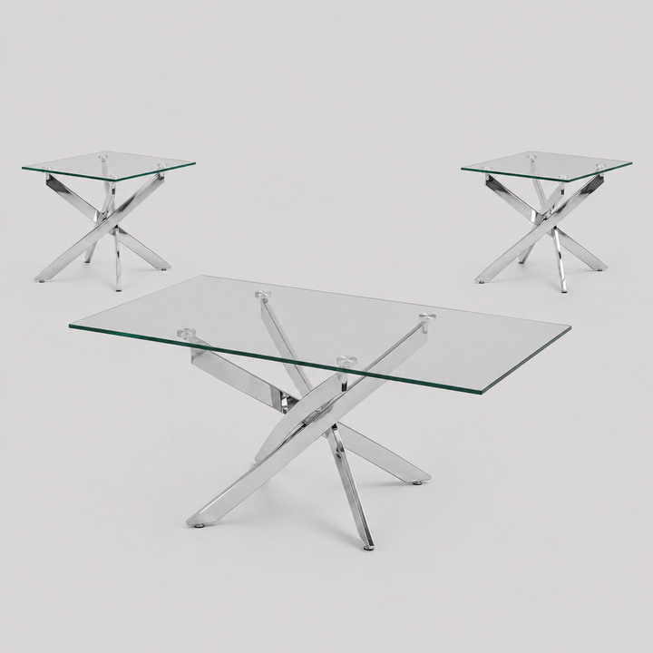 Yorvique 3 Piece Coffee Table Set – Modern Contemporary Glass Coffee Table with Stainless Steel Legs and Elegant Minimalist Design