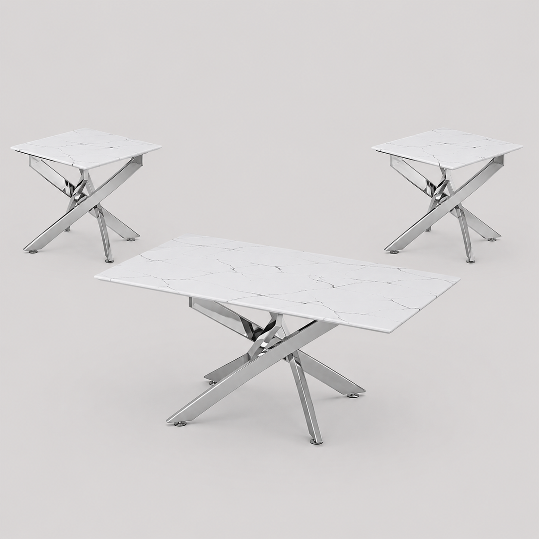 Xelvaro 3 Piece Coffee Table Set – Modern White Marble Glass Coffee Table with Stainless Steel Legs