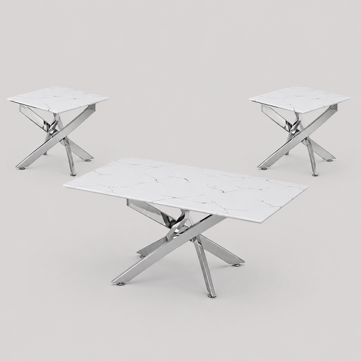 Xelvaro 3 Piece Coffee Table Set – Modern White Marble Glass Coffee Table with Stainless Steel Legs