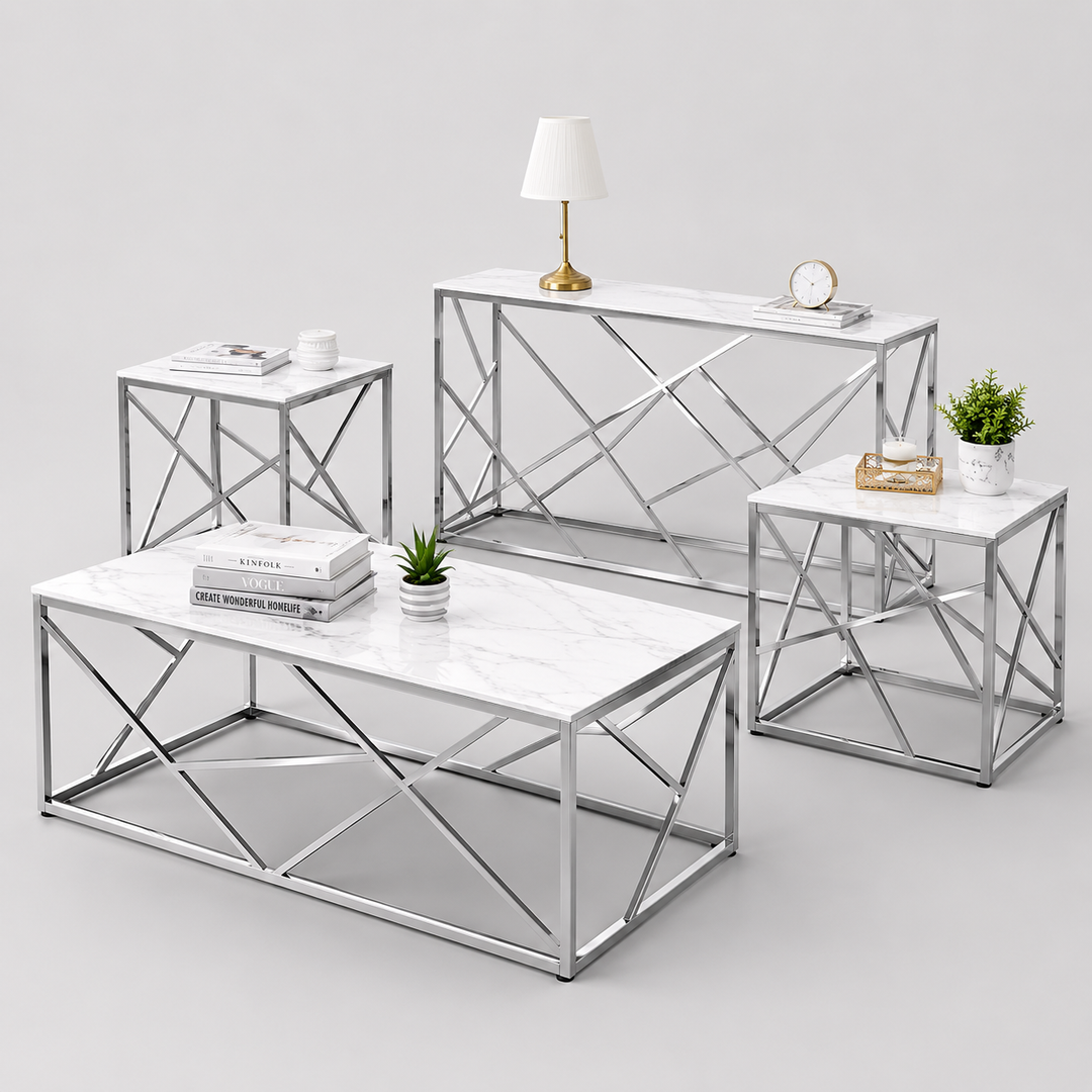 Wynvero 3 Piece Coffee Table Set – Modern White Marble Glass Coffee Table with Chrome Legs