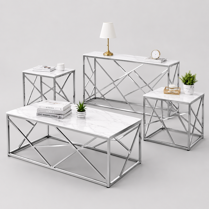 Wynvero 3 Piece Coffee Table Set – Modern White Marble Glass Coffee Table with Chrome Legs