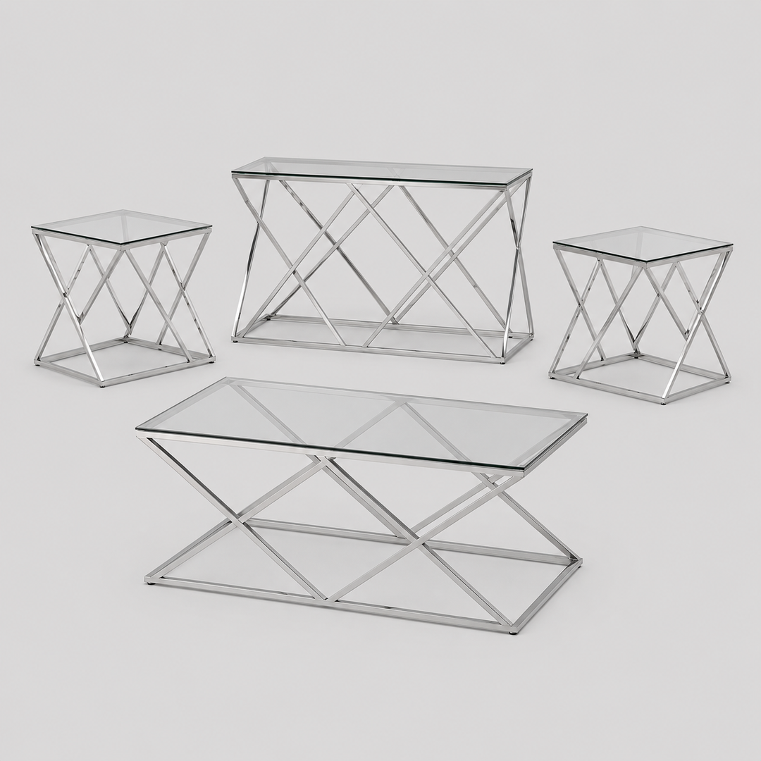 Valtrix 3 Piece Coffee Table Set – Modern Glass Top Coffee Table with Stainless Steel Legs