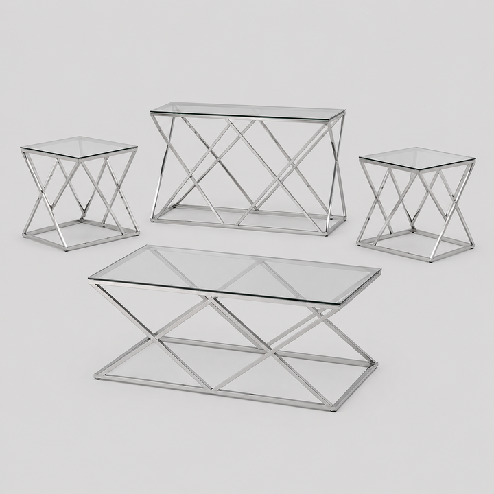Valtrix 3 Piece Coffee Table Set – Modern Glass Top Coffee Table with Stainless Steel Legs