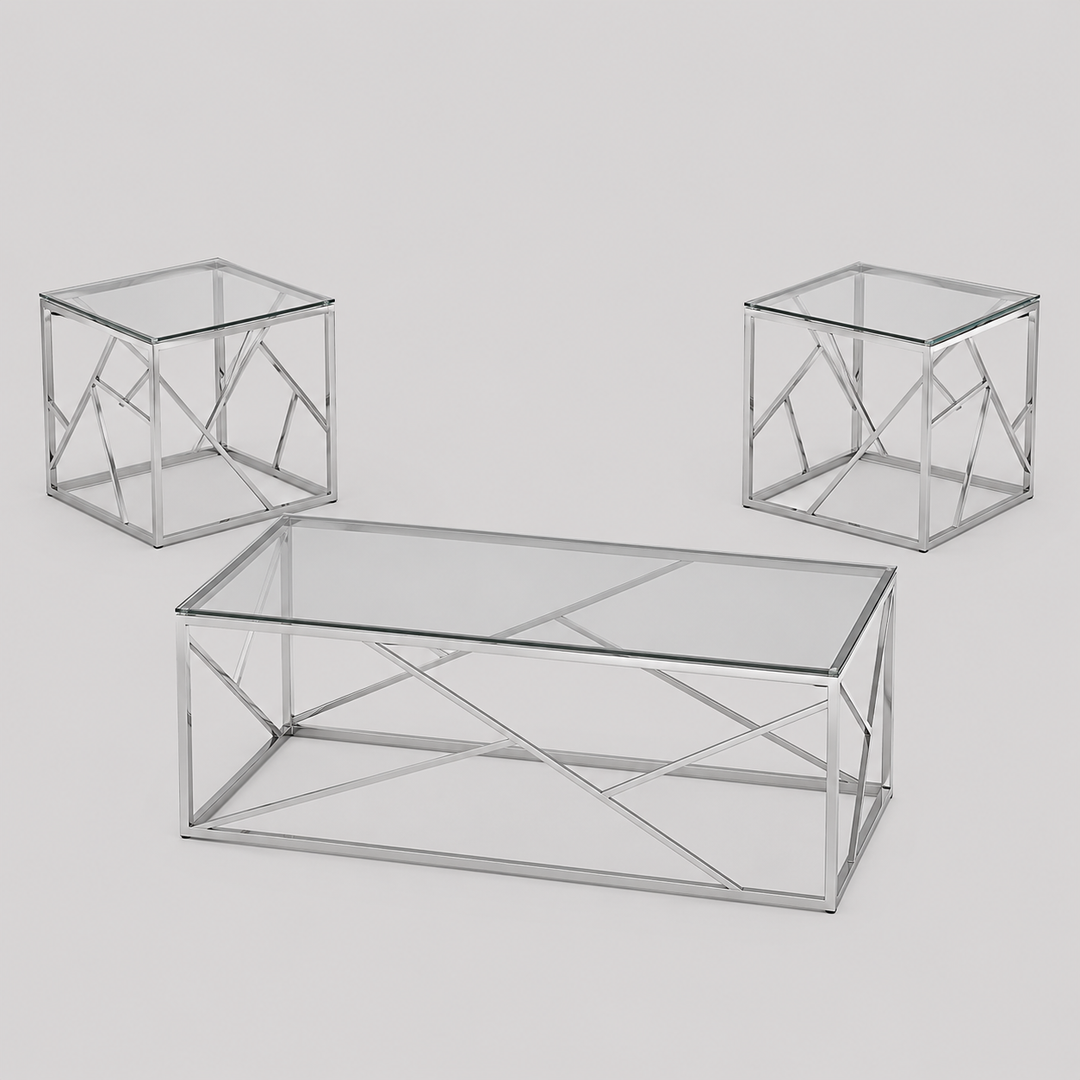 Ulviano 3 Piece Coffee Table Set – Modern Clear Tempered Glass Coffee Table with Chrome Legs