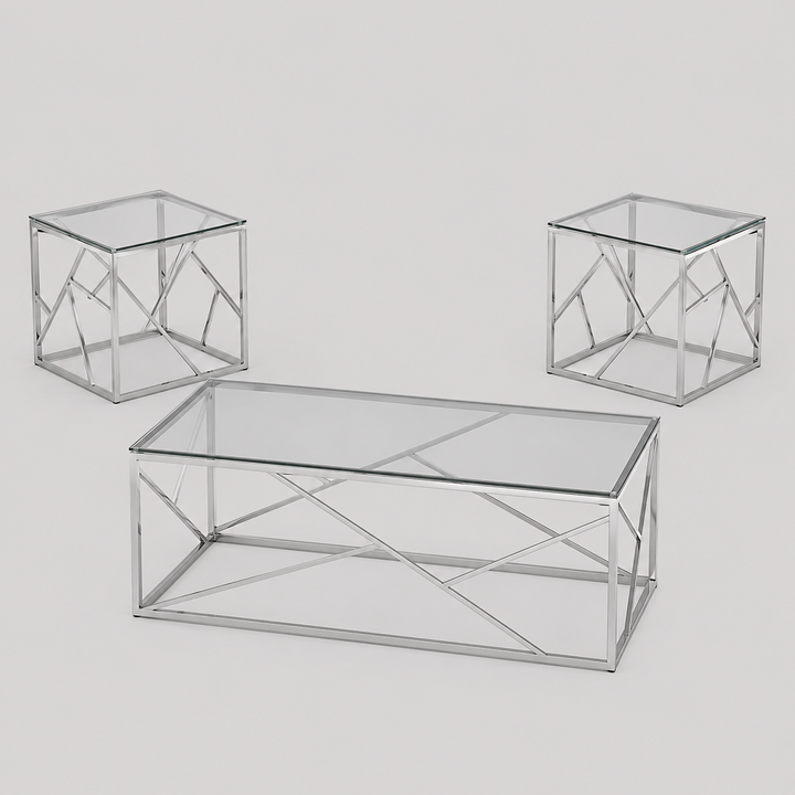 Ulviano 3 Piece Coffee Table Set – Modern Clear Tempered Glass Coffee Table with Chrome Legs
