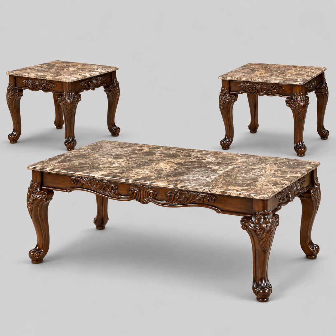 Rynvexo 3 Piece Coffee Table Set – Walnut Finish Coffee Table with Light Brown Marble Top and Matching End Tables
