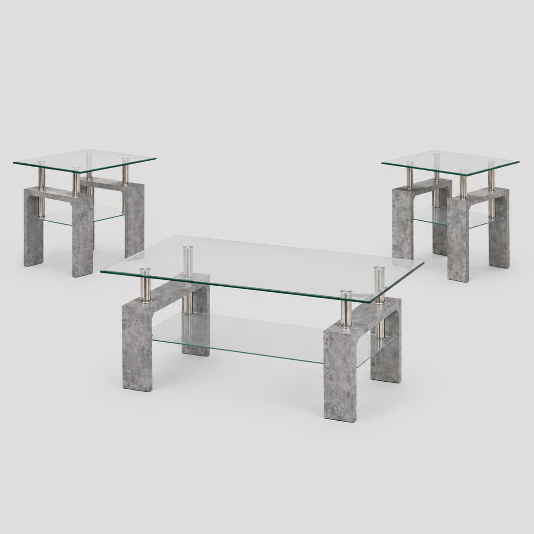Qelviro 3 Piece Coffee Table Set – Industrial Modern Clear Tempered Glass Coffee Table with Frosted Shelf and Grey Faux Marble Legs