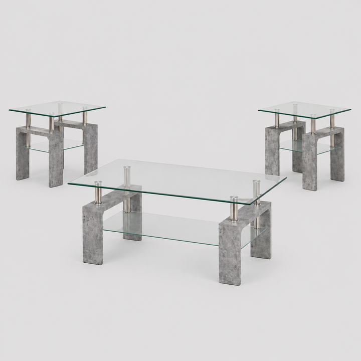 Qelviro 3 Piece Coffee Table Set – Industrial Modern Clear Tempered Glass Coffee Table with Frosted Shelf and Grey Faux Marble Legs