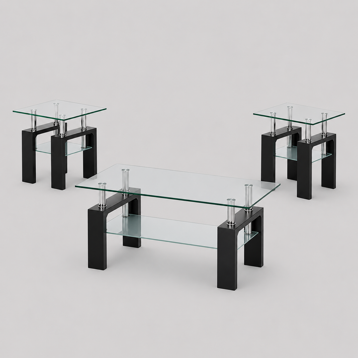 Qelviro 3 Piece Coffee Table Set – Modern Contemporary Clear Tempered Glass Coffee Table with Frosted Shelf and Glossy Black Legs